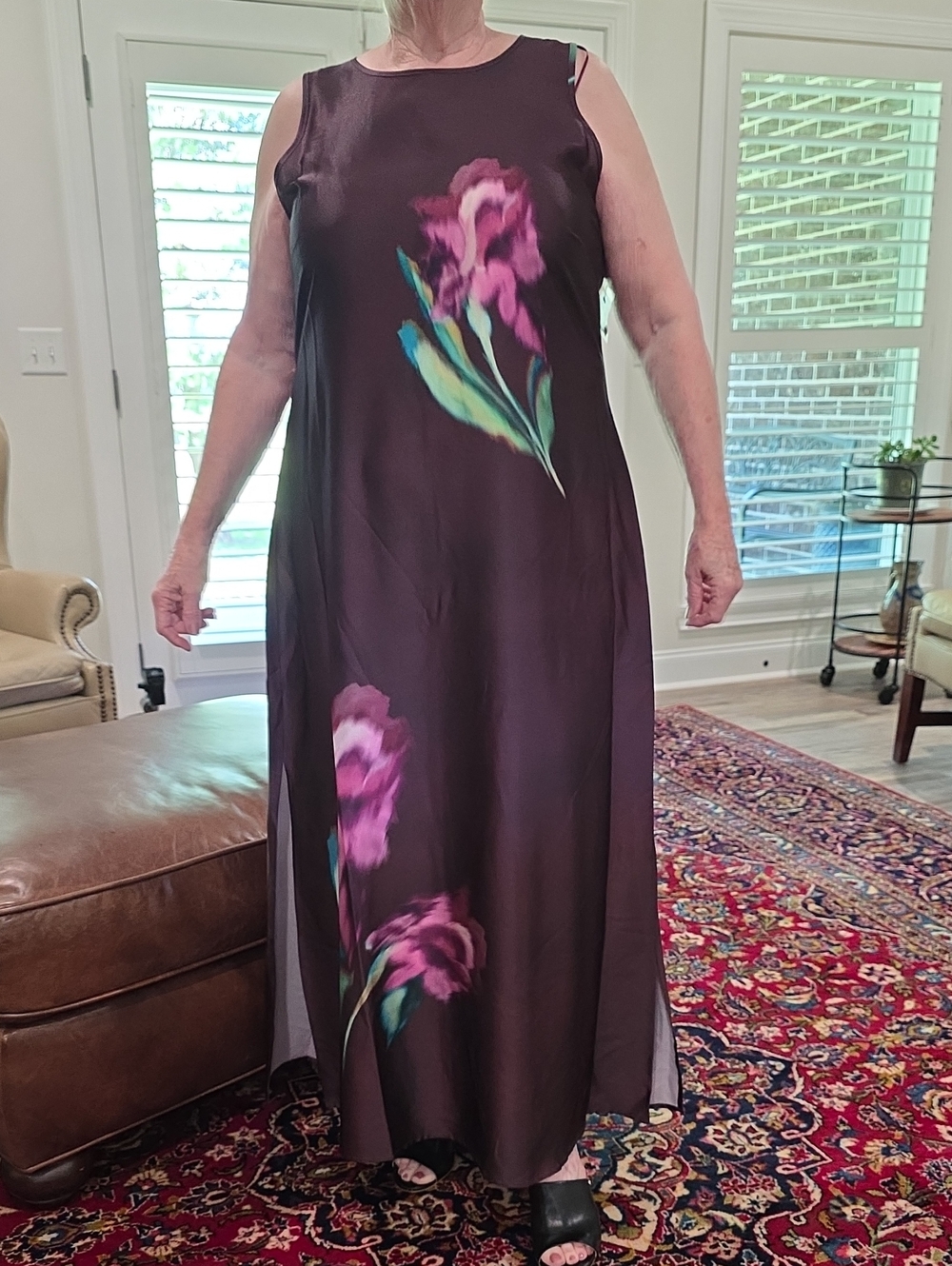 Vince Camuto Brown Maxi Dress with Pink Floral Motif XL